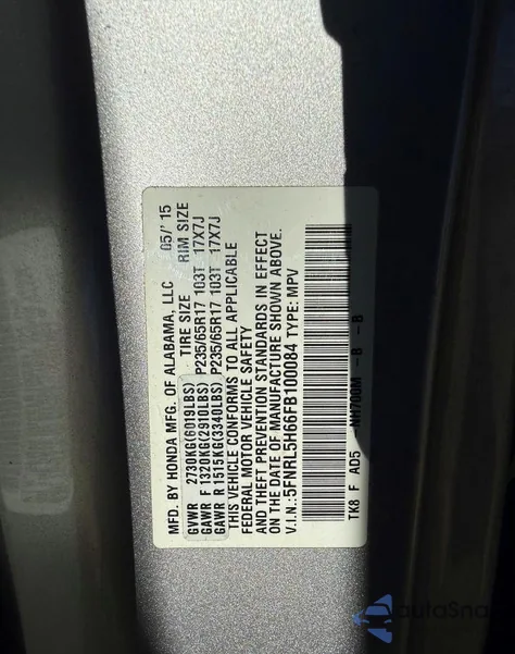 2015 Honda Odyssey Exl z USA, uszkodzony, nr VIN 5FNRL5H66FB100084